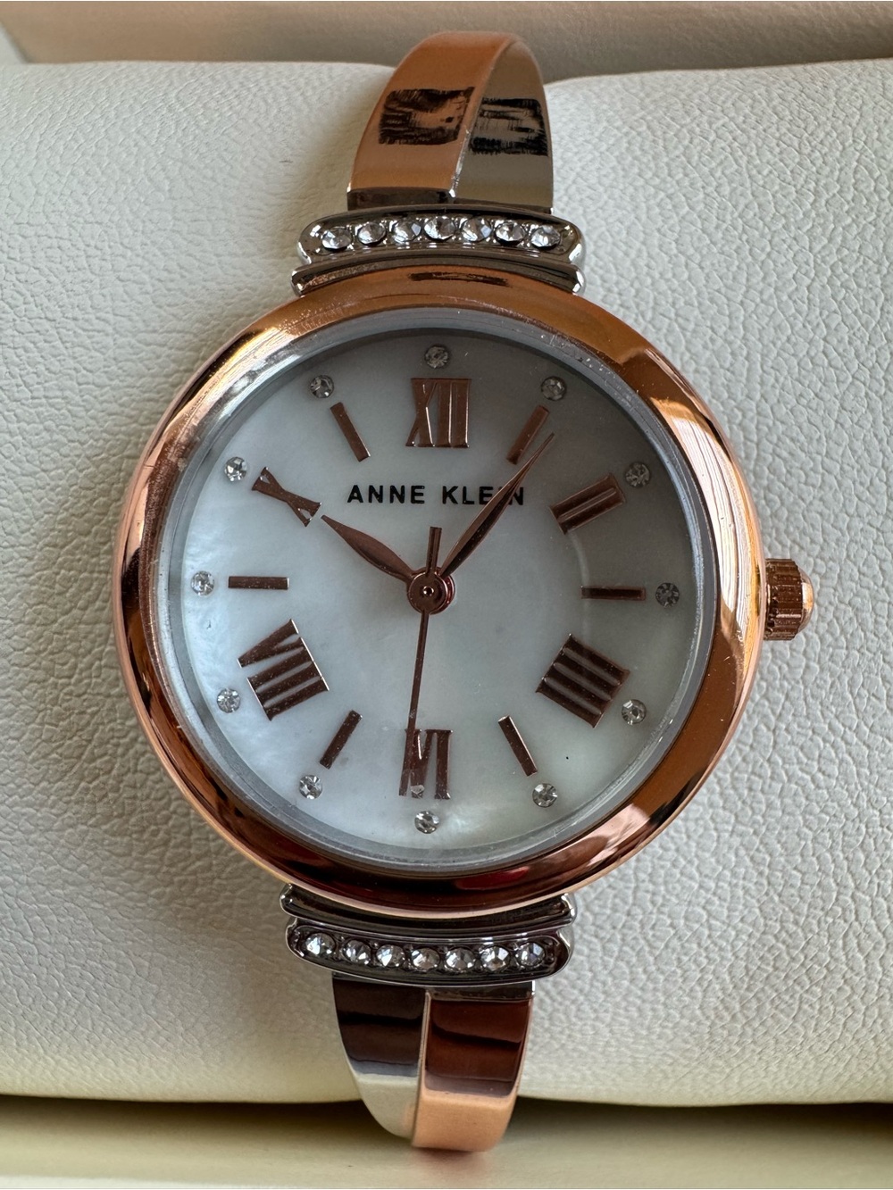 Anne Klein Rose Gold and Silver Crystal Bangle Watch for Women